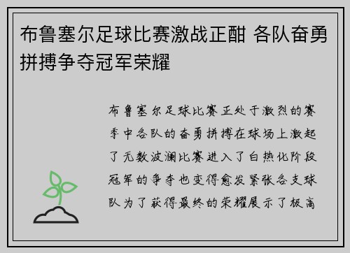 布鲁塞尔足球比赛激战正酣 各队奋勇拼搏争夺冠军荣耀